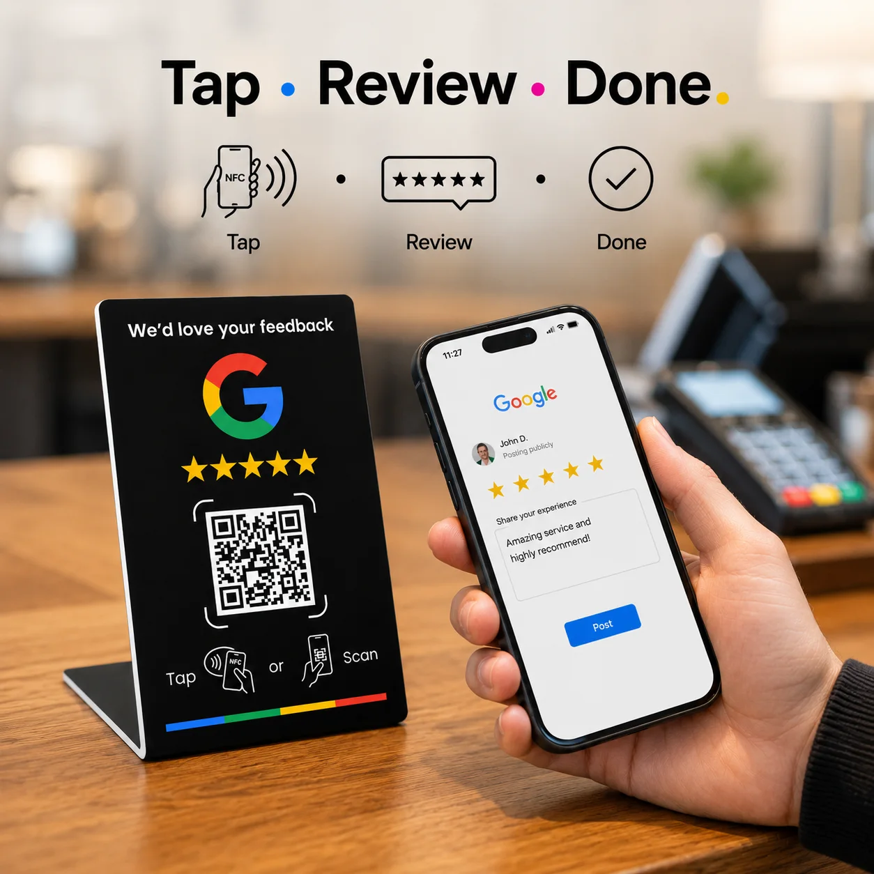 Tap, review, done — customer leaving a Google review at the counter
